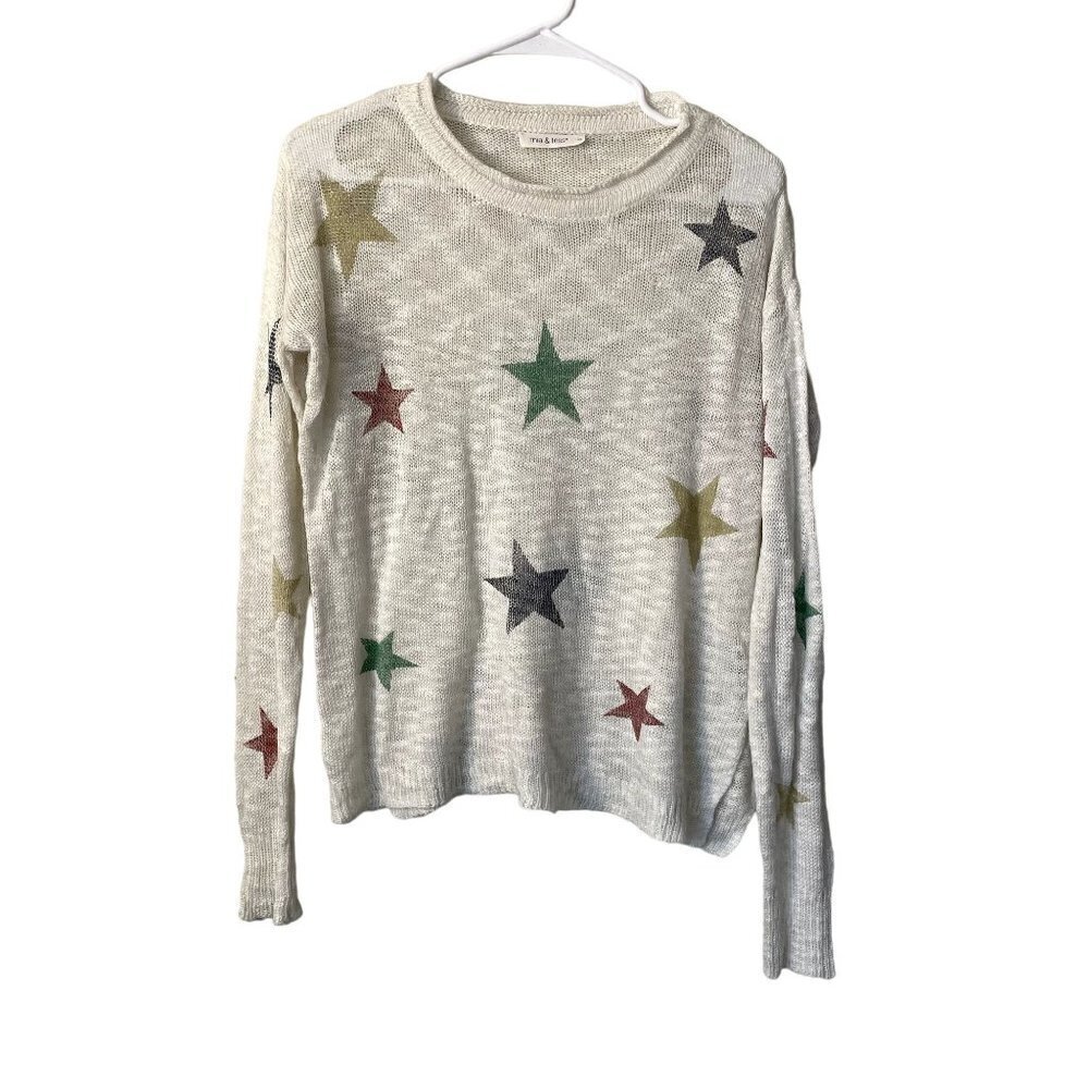 Mia and Tess white cream stars crewneck sweater top knit comfort classic warm